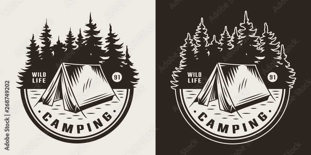 Vintage summer camping emblem - obrazy, fototapety, plakaty 
