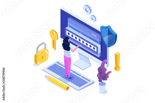 Data Access, Password isometric concept. Login form on screen. Vector illustration.