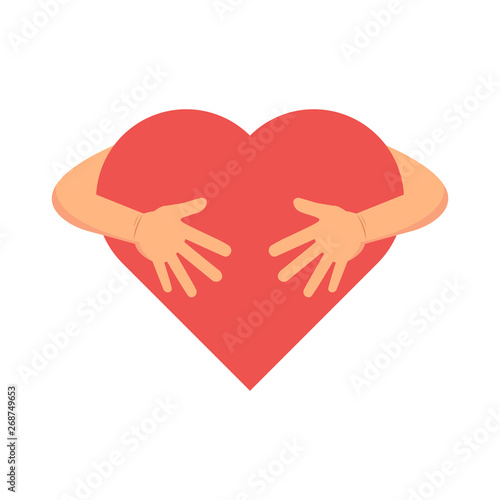 Hugging heart.  Love yourself, Valentines Day Embrace symbol  vector illustration, flat style.
