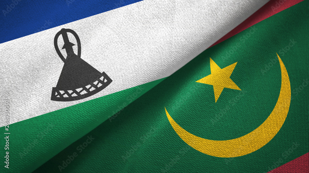 Lesotho and Mauritania two flags textile cloth, fabric texture