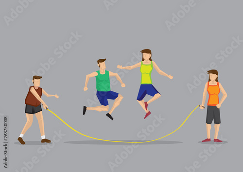 Two People Skipping One Rope Fun Exercise Cartoon Vector Illustration