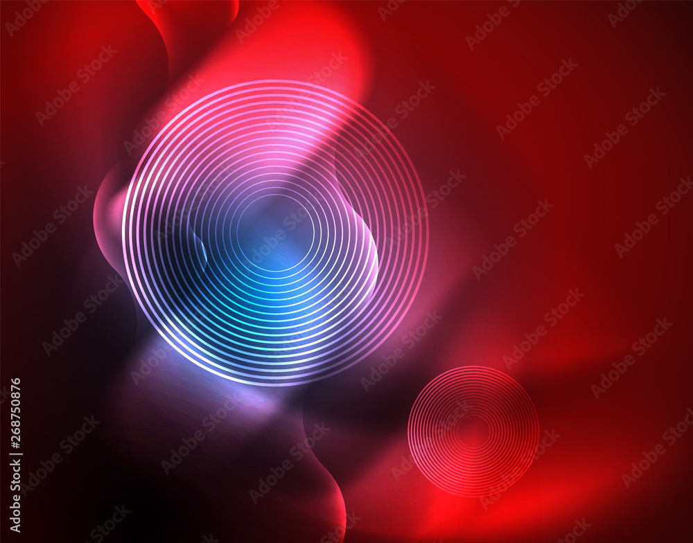 Fototapeta premium Neon glowing wave lines, blue hi-tech futuristic abstract background template