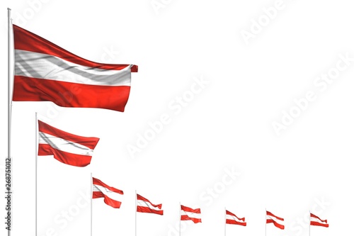 cute many Austria flags placed diagonal isolated on white with place for text - any occasion flag 3d illustration..