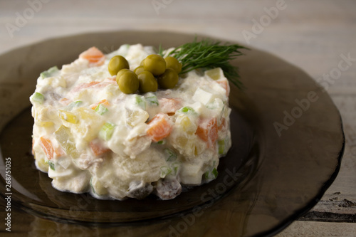 Traditional Russian salad "Olivier". Closeup.