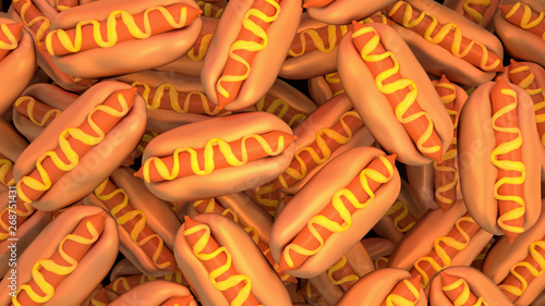 Bilde på lerret Pile of hot dogs with yellow mustard view from above