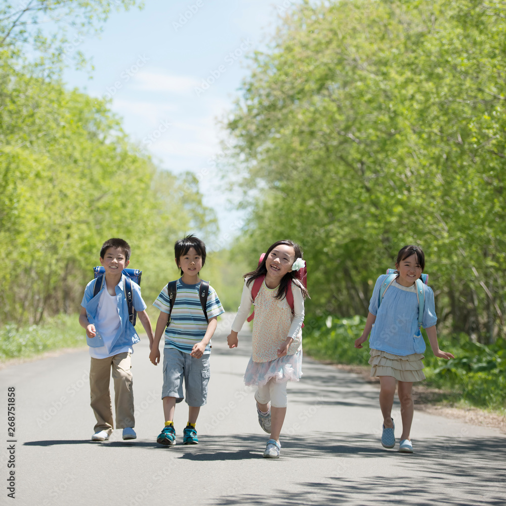 一本道を歩く小学生 一本道を歩く小学生