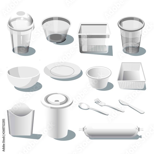 Disposable plastic dishware or tableware isolated realistic icons