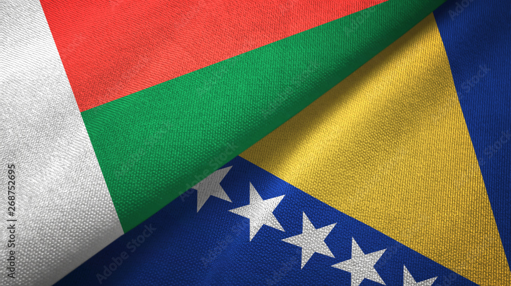 Madagascar and Bosnia and Herzegovina two flags textile cloth, fabric texture Madagascar and Bosnia and Herzegovina two flags textile cloth, fabric texture