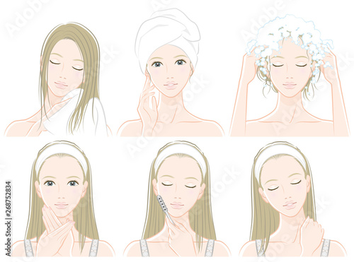 ヘアケアとスキンケアをしている女性のイラスト