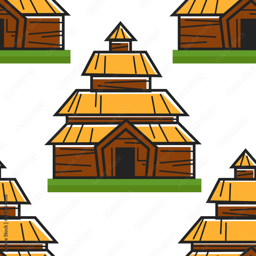 Wooden house Norwegian ancient building seamless pattern