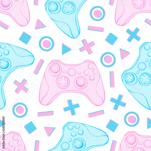 Gamepad joystick game controller seamless pattern. Devices for video games, esports, gamer on white background.  Hand drawn vector in sketch style