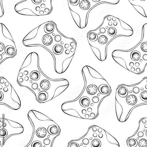 Gamepad joystick game controller seamless pattern. Devices for video games, esports, gamer isolated on white.  Hand drawn vector background in sketch style.