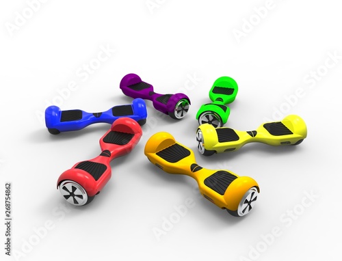 3D rendering of multiple bright colored hoverboards © Sepia100