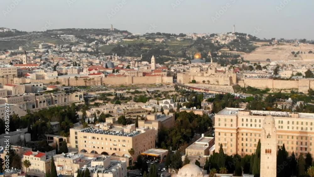The old City of Jerusalem Aerial View Beautiful Aerial Shot the old city walls and the golden Dome of the rock The old City of Jerusalem Aerial View Beautiful Aerial Shot the old city walls and the golden Dome of the rock