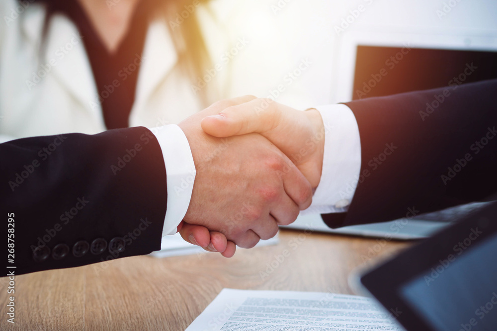 Business people shaking hands at meeting or negotiation in the office. Handshake concept. Partners are satisfied because signing contract Business people shaking hands at meeting or negotiation in the office. Handshake concept. Partners are satisfied because signing contract
