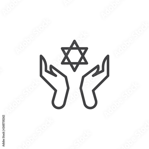 Hands hold David Star line icon. linear style sign for mobile concept and web design. Star of david and praying hands outline vector icon. Judaism symbol, logo illustration. Vector graphics