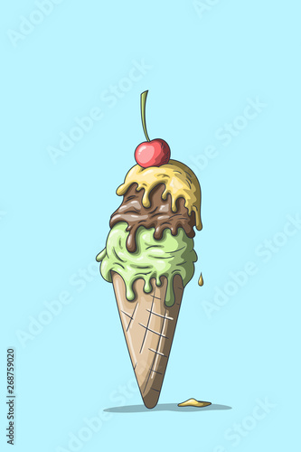 Ice cream in waffle with cherry. Hand drawn vector illustration.