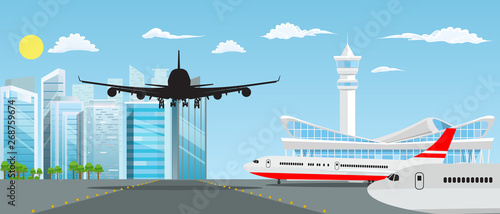 Airport building and planes with nice cityscape in background. Vector illustration.