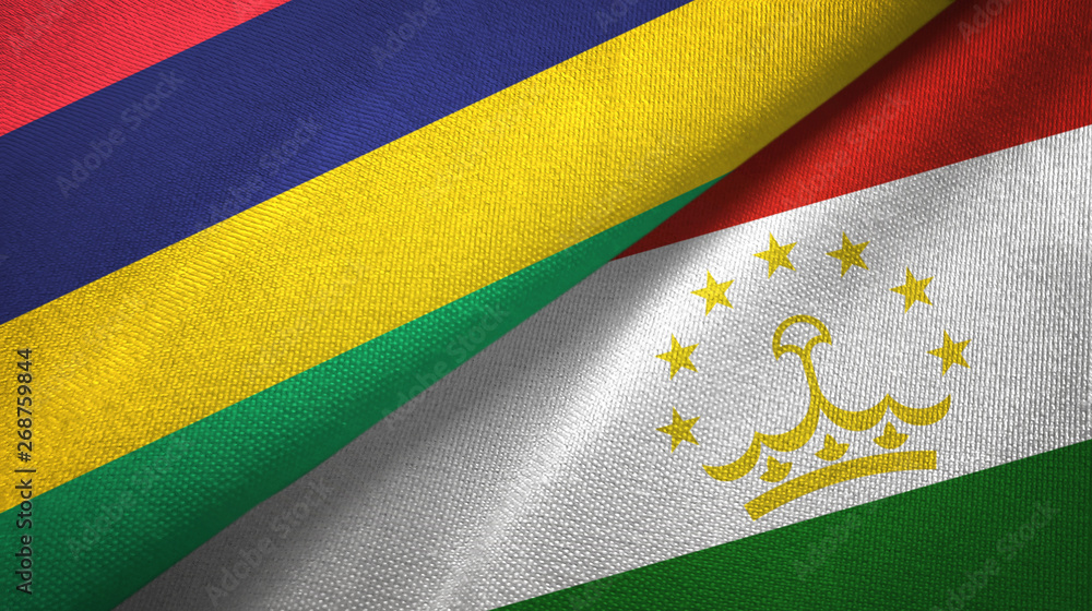 Fototapeta premium Mauritius and Tajikistan two flags textile cloth, fabric texture