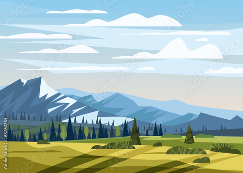 Beautiful summer mountain landscape valley rural countryside, green hills, bright color blue sky, meadows with mountains