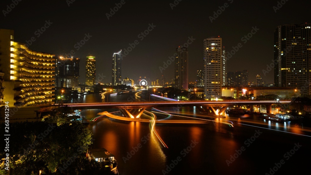 Light trail on Chao Phraya River, Bangkok,Thailand