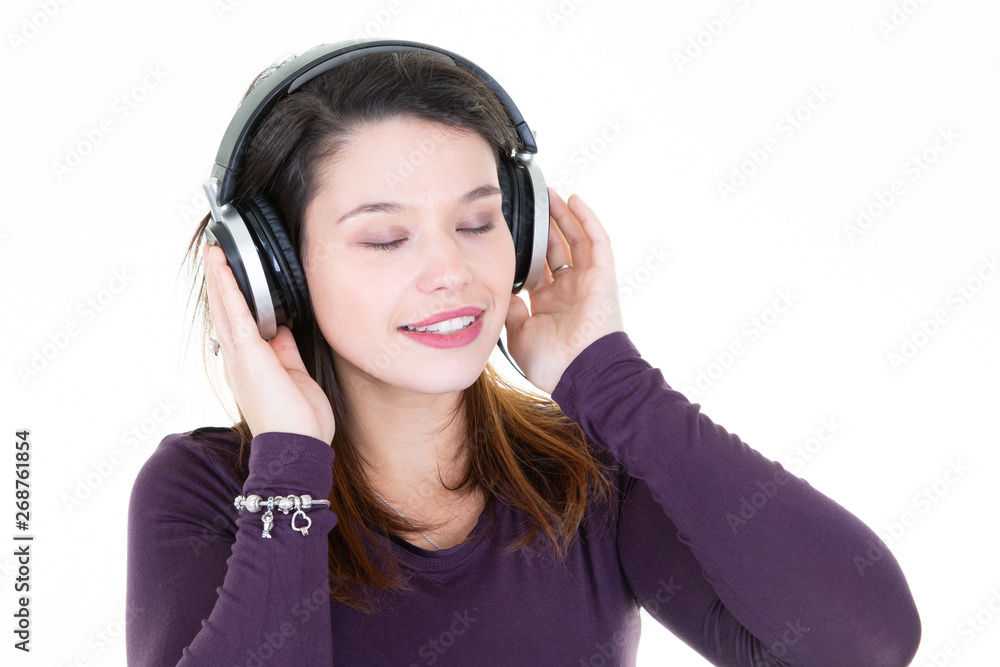 young brunette woman with headphones eyes closed young brunette woman with headphones eyes closed