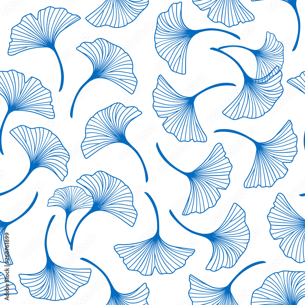 Seamless pattern with blue ginkgo leaves ornate on white background