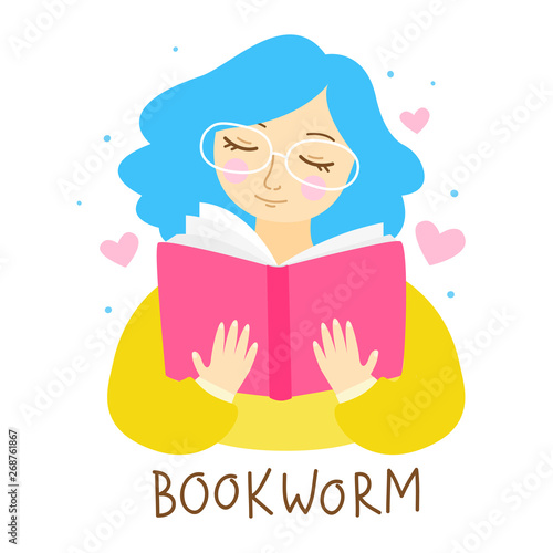 Cute bookworm girl is reading a book