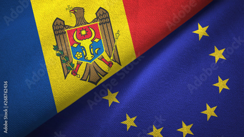 Moldova and European Union two flags textile cloth, fabric texture photo