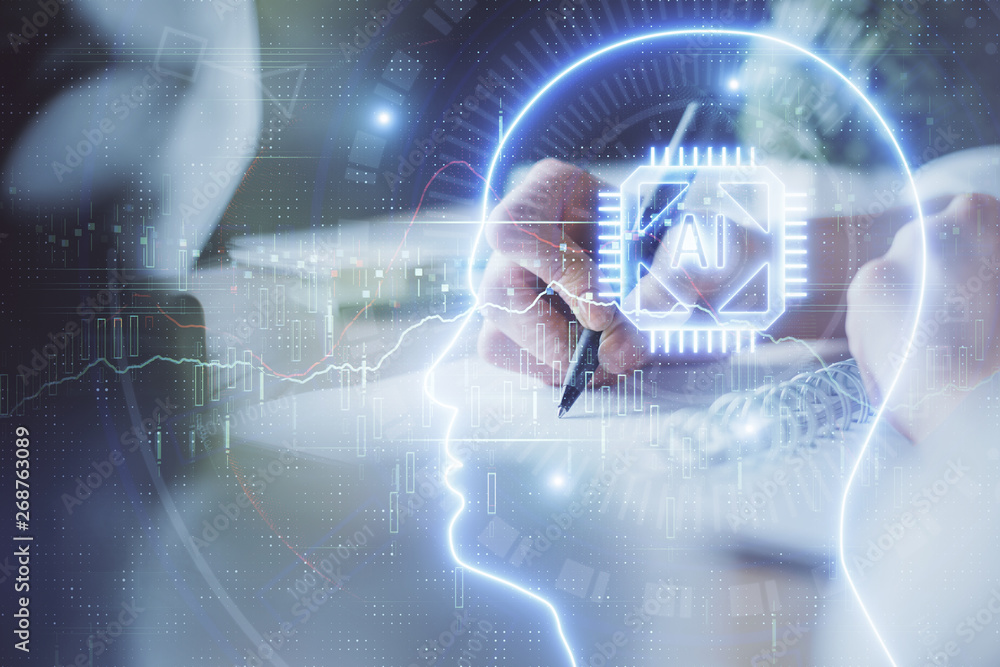 Multi exposure of writing hand on background with brain hologram. Concept of self learning. Multi exposure of writing hand on background with brain hologram. Concept of self learning.