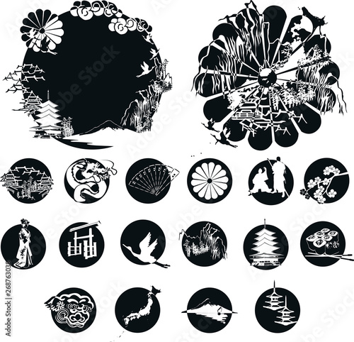 Silhouettes associated with Japan. Samurai, sushi, pagoda and other miniatures in circles.