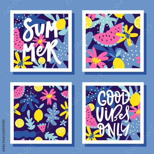 Vector set of bright summer cards or posters with lemons, watermelons, leaves, flowers and hand written text.