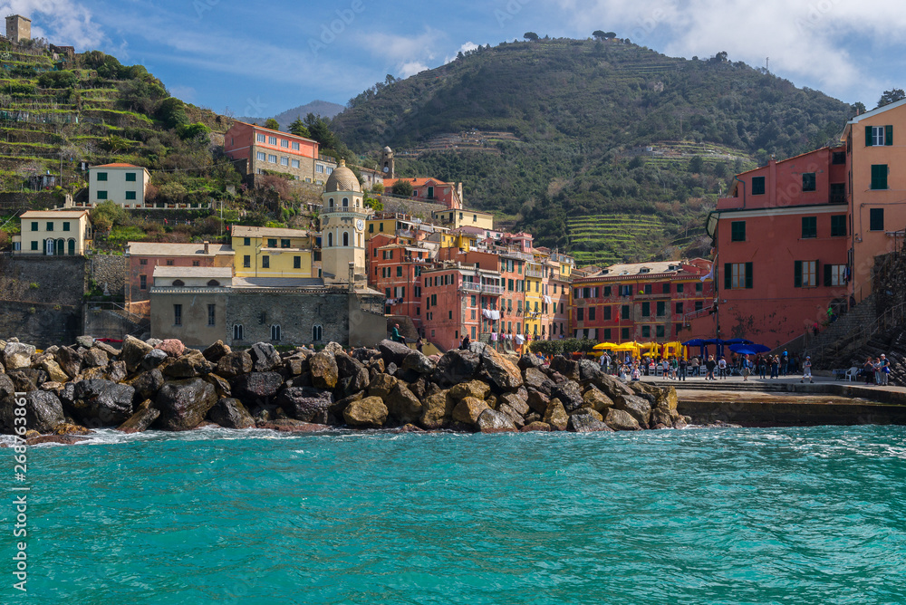 Vernazza village seen from a boat, Cinque Terre, Italy