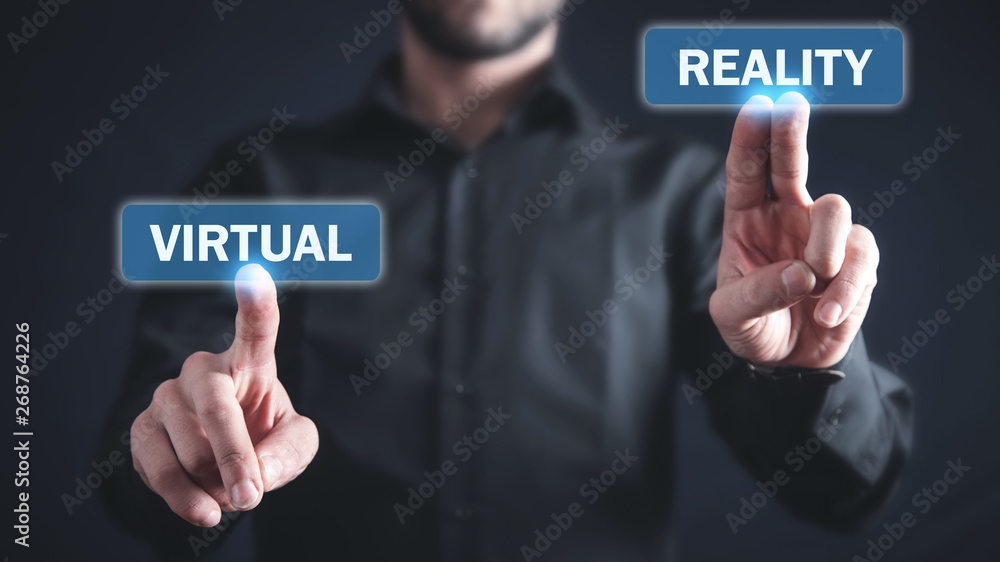 Man hands touch in Virtual Reality button. Man hands touch in Virtual Reality button.