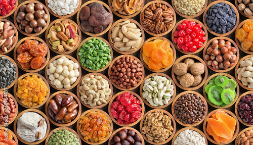 Fototapeta Naklejka Na Ścianę i Meble -  mixed nuts and dried fruits in bowls, top view. healthy snack for vegetarian, food background.