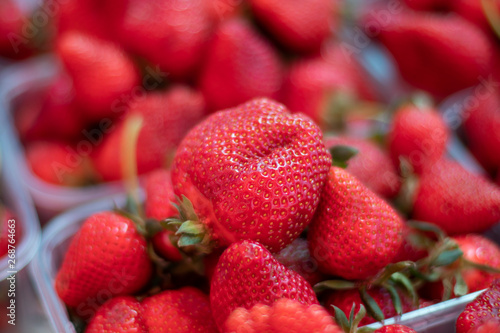 Fresh Strawberry Punnet. Organic Fruit Basket. Natural Juicy Macro of Supermarket Food. Strawberry Tray Harvest Top Close-up. Delicious Vegetarian Diet Food.