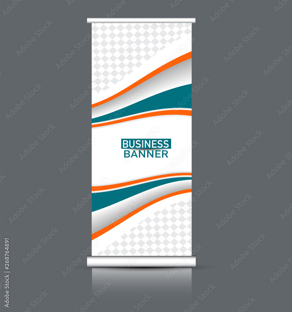 Naklejka premium Roll up banner design. Vertical narrow flyer template. Advertising panel layout. Green and orange vector illustration.