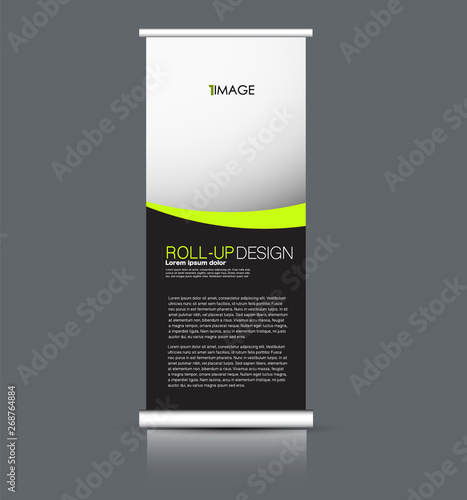 Roll up banner design. Vertical narrow flyer template. Advertising panel layout. Black and green vector illustration.