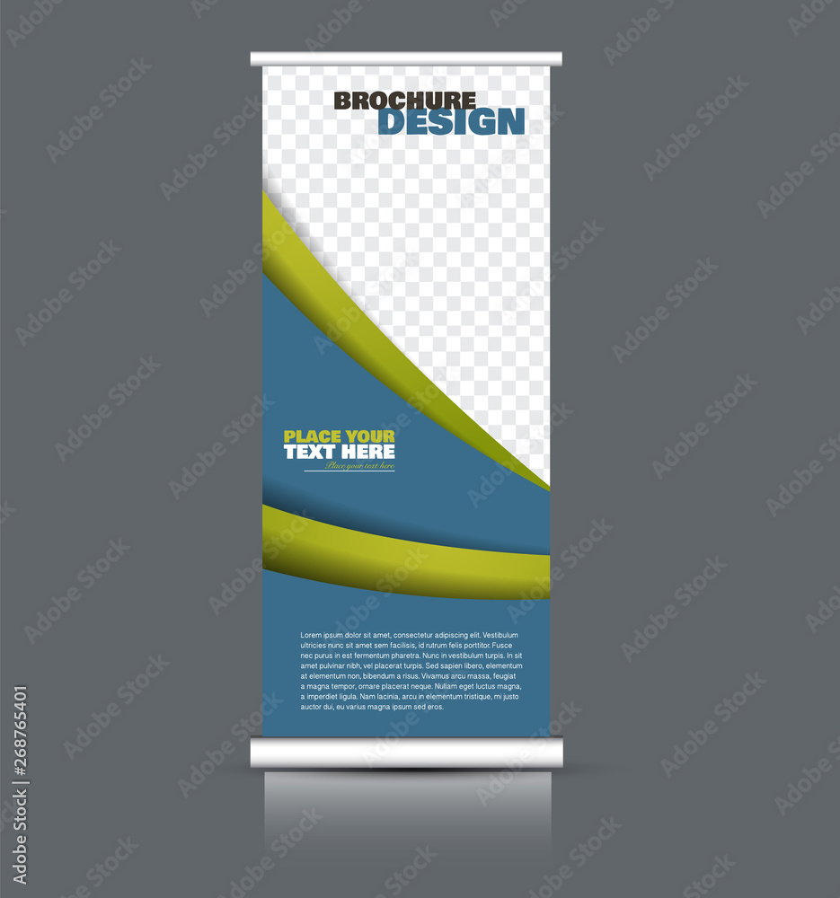 Obraz premium Roll up banner design. Vertical narrow flyer template. Advertising panel layout. Green and blue vector illustration.