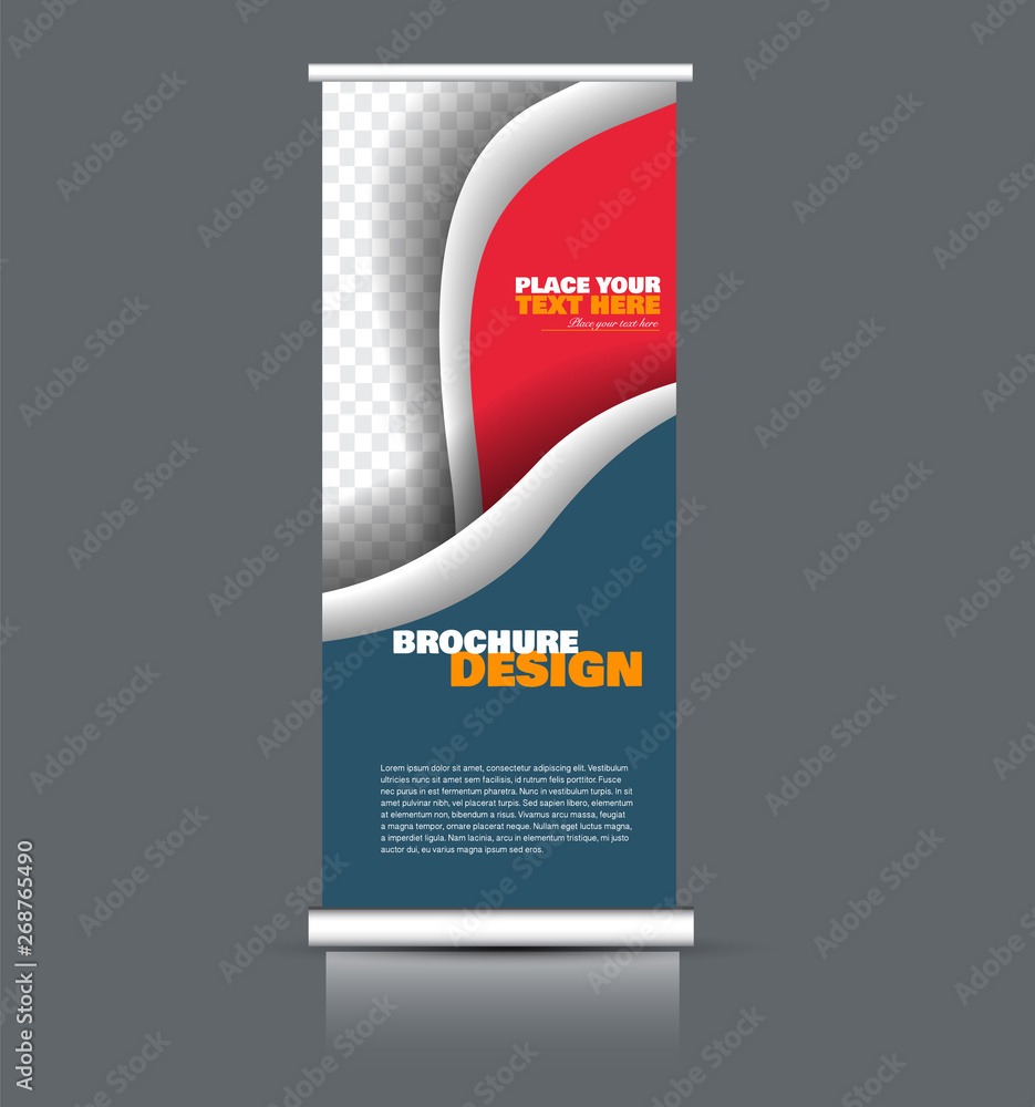 Roll up banner design. Vertical narrow flyer template. Advertising panel layout. Blue, red, and orange vector illustration. Roll up banner design. Vertical narrow flyer template. Advertising panel layout. Blue, red, and orange vector illustration.