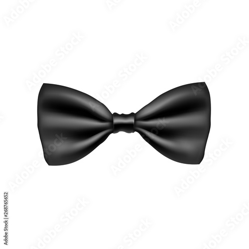Sparkling black bow tie from satin material. Funeral procession accessory isolated on white background. Realistic formal wear for official event. Elegant clothes object from silk vector illustration.