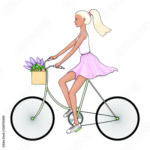 Fashion illustration. A young woman in a white T-shirt and pink skirt, in sneakers rides a bicycle. In the basket is a bouquet of purple flowers. Vector EPS 10.