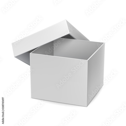 Opened cardboard box mockup with shadow. Blank packaging box with cap isolated on white background 3d vector illustration. Realistic white rectangle box for any products branding and design.