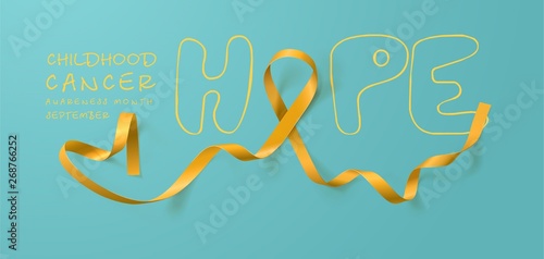 Hope. Childhood Cancer Awareness Calligraphy Poster Design. Realistic Gold Ribbon. September is Cancer Awareness Month. Vector