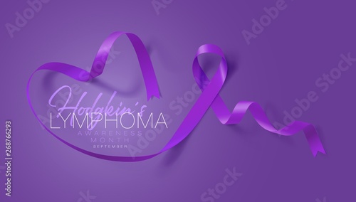 Hodgkin's Lymphoma Awareness Calligraphy Poster Design. Realistic Violet Ribbon. September is Cancer Awareness Month. Vector
