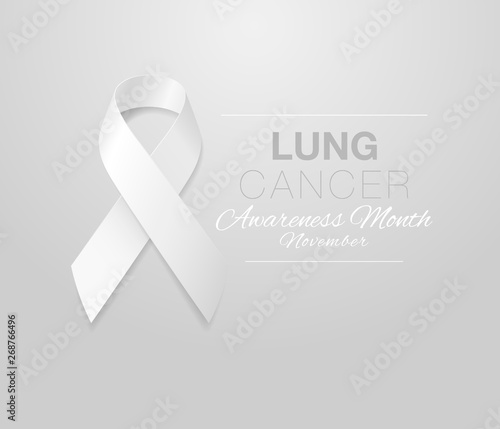 Lung Cancer Awareness Calligraphy Poster Design. Realistic White Ribbon. November is Cancer Awareness Month. Vector Illustration