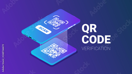 QR code verification service web banner isometric vector