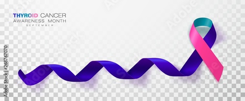 Thyroid Cancer Awareness Month. Teal and Pink and Blue Color Ribbon Isolated On Transparent Background. Vector Design Template For Poster.