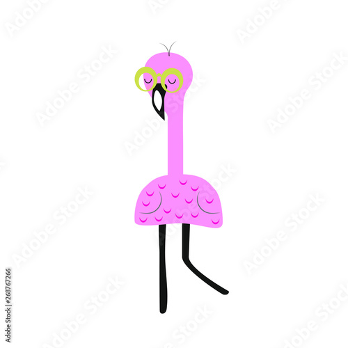 pink flamingo with glasses on white background