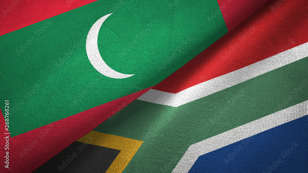 Fototapeta premium Maldives and South Africa two flags textile cloth, fabric texture